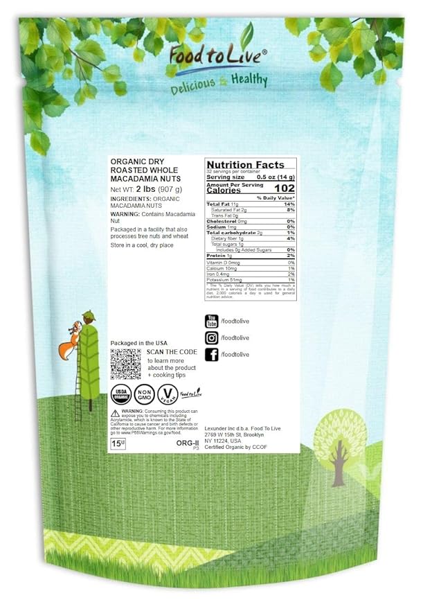 Food to Live Organic Dry Roasted Whole Macadamia Nuts, 2 Pounds – Unsalted, Delicious and Nutritious Snack Made from Premium Non-GMO Nuts, Perfect for Keto and Paleo Diet. Rich Butter Flavor. Kosher