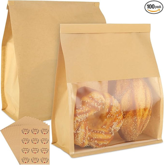 QTLCOHD 100 Pcs Bakery Bags with Window - 8.2 x 3.9 x 9.4 Inch Tin Tie Tab Lock Sourdough Paper Bread Bags for Homemade Bread, Cookie, Pastry, Treat Packaging, Brown