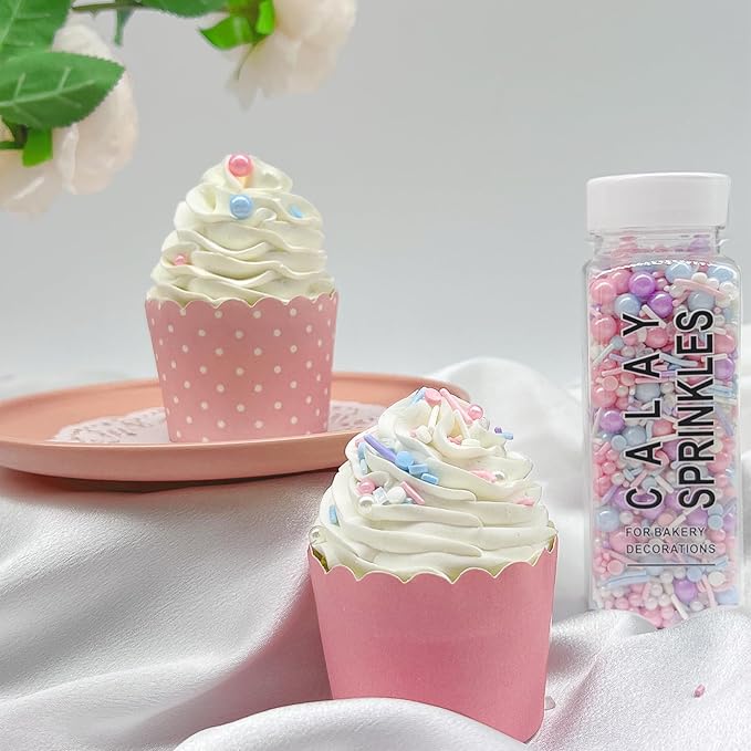 Sprinkles for Cake Decorating, 5.3Oz Pink Purple Blue and White Pearl Confetti Jimmies Sprinkles Mix Pastel Sprinkles for Cake Ice Cream Cupcakes Baking Topping