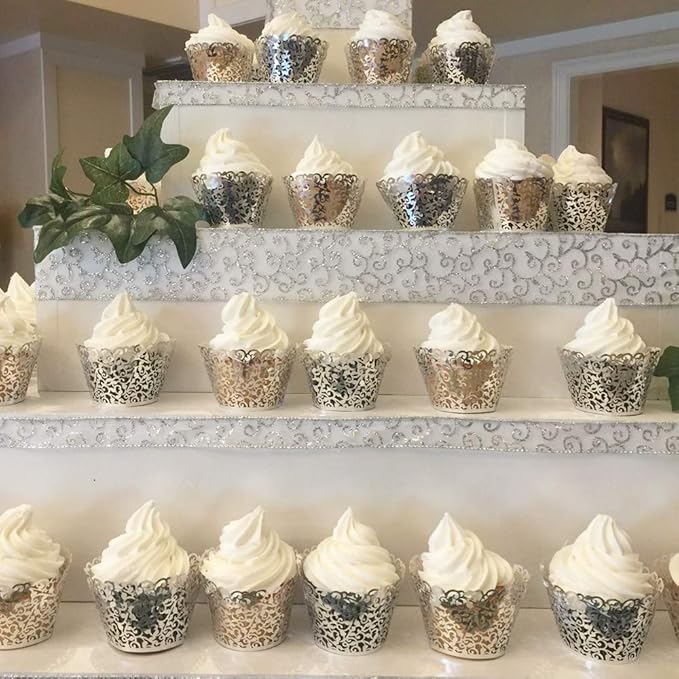 GOLF 100Pcs Cupcake Wrappers Artistic Bake Cake Paper Filigree Little Vine Lace Laser Cut Liner Baking Cup Wraps Muffin CaseTrays for Wedding Party Birthday Decoration (Silver)