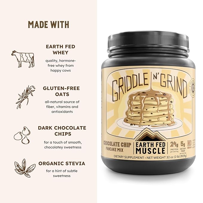 Earth Fed Muscle Griddle N' Grind Chocolate Chip Protein Pancake Mix & Waffle Mix – Protein Pancakes Gluten Free, High Protein & Fiber, Just Add Water – 2lbs, 13 Servings