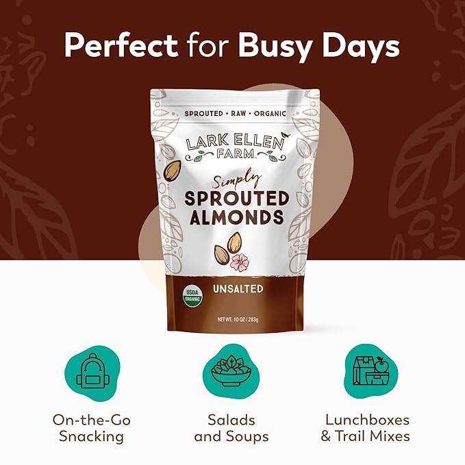 Lark Ellen Farm Organic Sprouted Almonds, Unsalted – USDA Organic, Raw, Vegan, Gluten-Free, Non-GMO, Paleo-Friendly, Plant-Based Protein Snack, Resealable Bag to Retain Freshness, 10 oz (3-Pack)