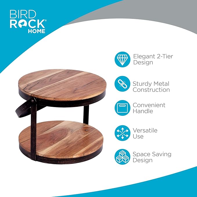 BIRDROCK HOME 2-Tier Cupcake and Cake Stand with Handle - Rustic Wood & Iron Dessert Serving Tray - Farmhouse Style Table Display for Cookies, Appetizers, and Treats - Round, Modern, Decorative