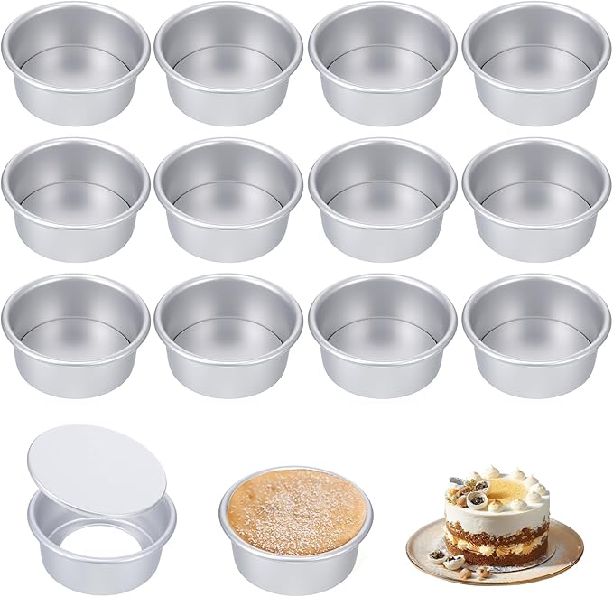 12 Pcs Round Cake Pans with Removable Bottom, 4 Inch Aluminum Cheesecake Baking Mold Non Stick Leakproof Mini Cakes Tins Trays Bakeware for Dessert Pizzas Quiches Birthday Party Anniversary