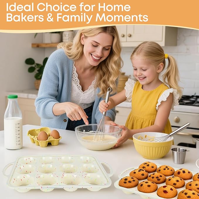 2-Pack 12-Cup Silicone Cupcake Pan, Nonstick Flexible Muffin Pan, Dishwasher Safe Muffin Tray with Handles, Seamless Silicone Muffin Tin for Baking Egg Bites & Cupcakes