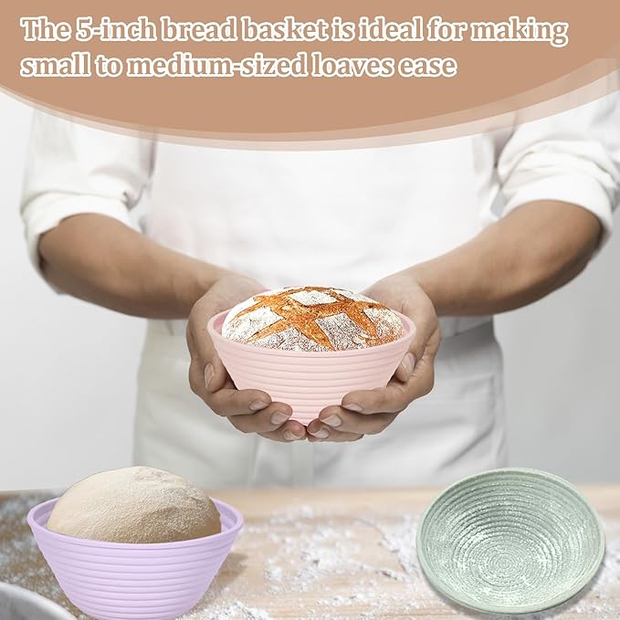 4Pcs Mini Silicone Banneton Bread Proofing Baskets, 5" Sourdough Banneton Proofing Baskets, Non-Stick Round Dough Proofing Bowl Containers Oven Safe for Various Tastes Bread Making-BPA Free