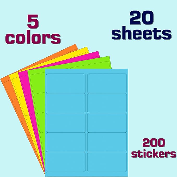 2" x 4" Colored Labels Stickers 5 Colors Bright Moving Stickers for Boxs 40 Sheets Printable Address Label for Laser/Inkjet Printer, Permanent Adhesive(400 PCS)