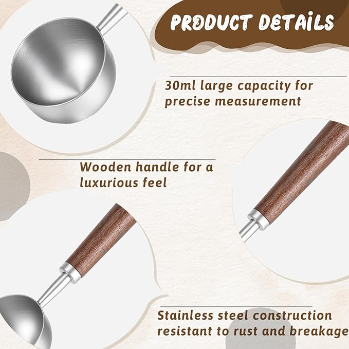 Vintage Coffee Measuring Spoon with Long Wooden Handle 10g / 30ml Capacity Metal Tablespoon Stainless Steel Coffee Scoop Kitchen Utensil Spoon for Coffees Tea Bath Salts