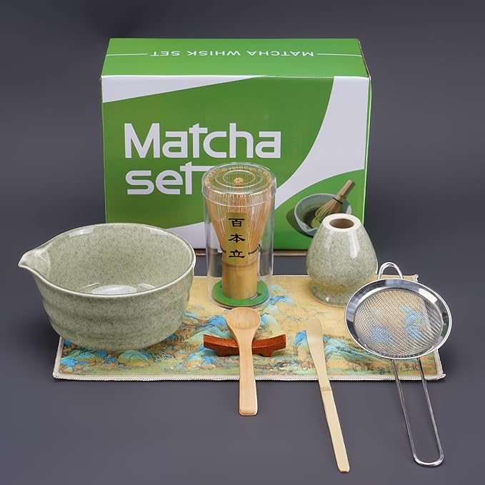 Matcha Whisk Set, 8pcs Matcha Set Ceremonial Grade Macha Kit Includes Bowl with Spout/Chashen Holder/Bamboo Whisk/Bamboo Scoop/Spoon/Sifter, Ideal Gift for Macha Lovers to Enjoy Making Tea