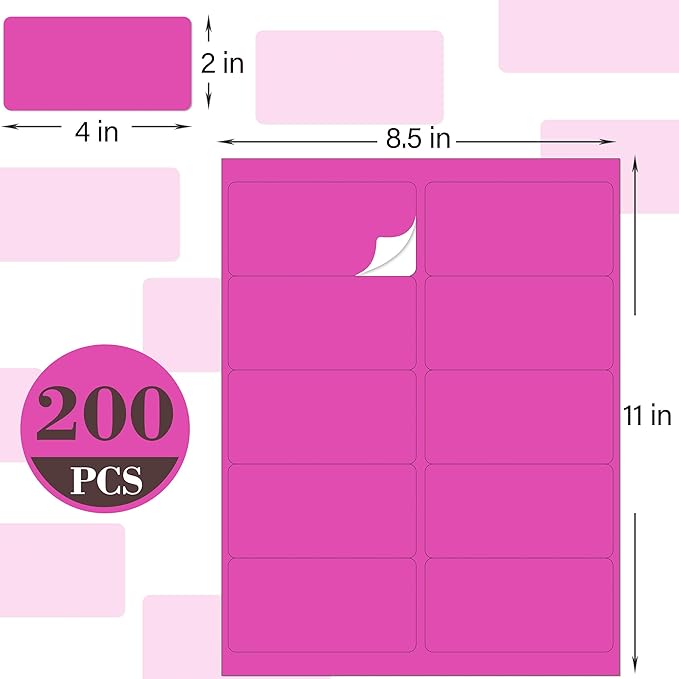 YSHIHE 2" x 4" Colored Labels Stickers, Bright Rose Shipping Address Labels, 24 Sheets, 240 Labels for Laser/Inkjet Printer, Printable Sticker Labels, Permanent Adhesive