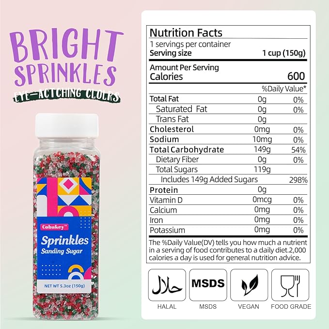 Christmas Sanding Sugar 5.3 ounces Edible Pastel Sprinkle Red Green and White Sparkling Sugar Mix, Perfect for Cake Decorations, Baking, Ice Cream, Cookies, Cupcake Topper