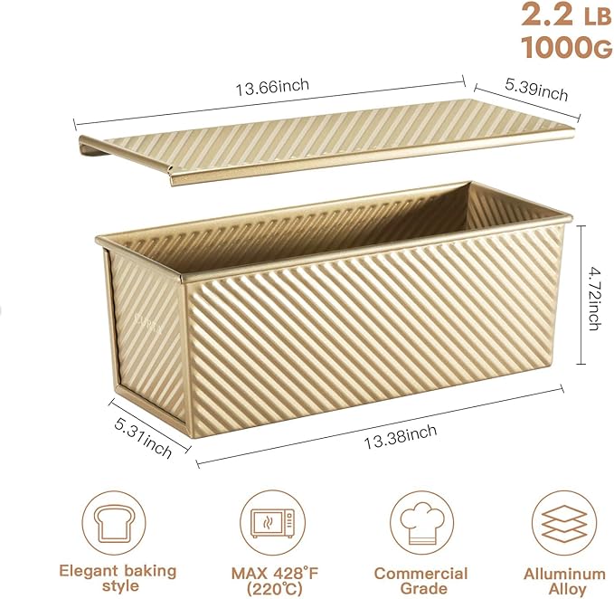 CURTA Commercial Pullman Loaf Pan with Lid 2.2 lb Dough Capacity Non-Stick Bakeware for Baking Bread Corrugated Bread Toast Box Mold extra large loaf pan Champagne Gold 2pcs