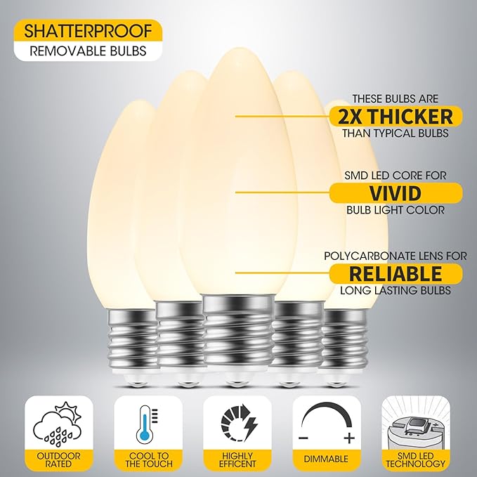 25-Pack Ceramic C9 LED Christmas Light Bulbs, Warm White LED Light Bulbs Holiday Decoration, Warm Christmas Decor for Indoor & Outdoor Use, E17/C9 Intermediate Base (Warm White Smooth)