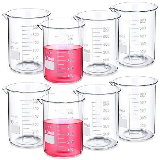 8 Pcs 600 ml Glass Lab Beaker 3.3 Borosilicate Glass Measuring Cup with Spout Low Form Glassware for Laboratories Classrooms or Home Use