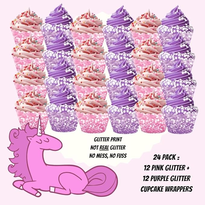Andaz Press Party Cupcake Wrapper Decorations, Faux Pink And Lavender Purple Glitter, 24-Pack, Magical Unicorn Princess Girls Birthday Theme Colored Bulk Cake Supplies Purple Cupcake Wrappers