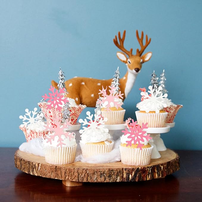Gyufise 60Pcs Edible Snowflake Cupcake Toppers Winter Cupcake Picks Water Paper Winter Frozen Cake Decorations for Snowflake Theme Baby Shower Kids Birthday Party Supplies Light Pink White
