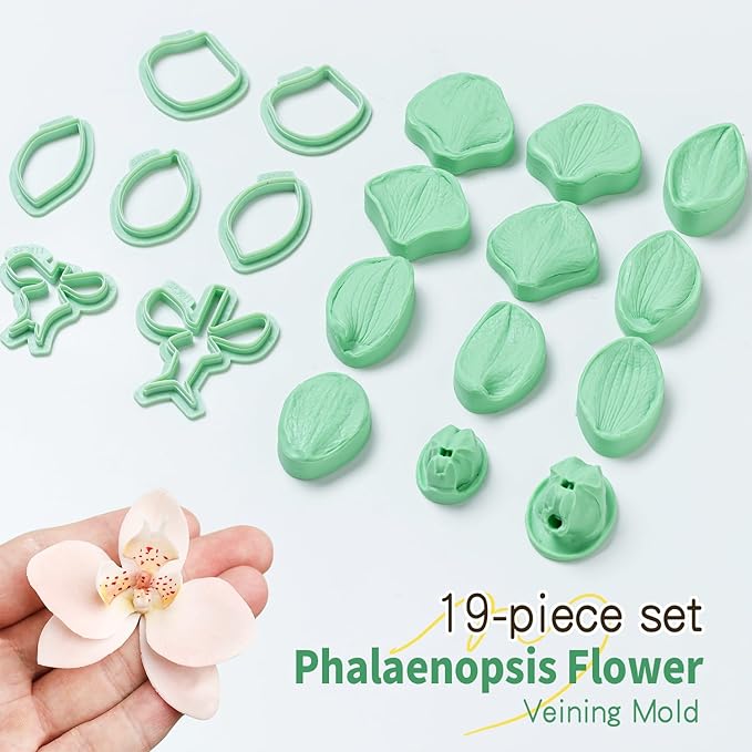 19Pcs Phalaenopsis Orchid Fondant Mold Set, Detailed Silicone Flower Veining Molds for Elegant Cake Decorating and Sugar Flowers