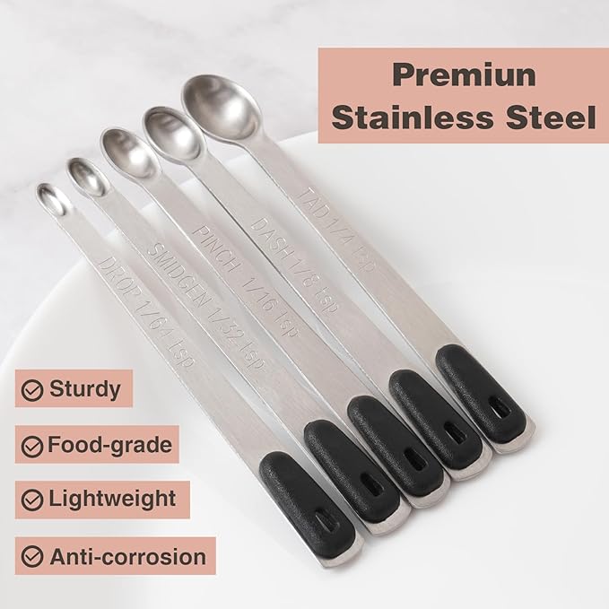 Mini Measuring Spoons Set, Tiny Stainless Steel Measure Teaspoons with Black Silicone Handle, Suitable for Small Amount of Dry or Liquid Ingredients and Spices (1/64, 1/32, 1/16, 1/8, 1/4 tsp)