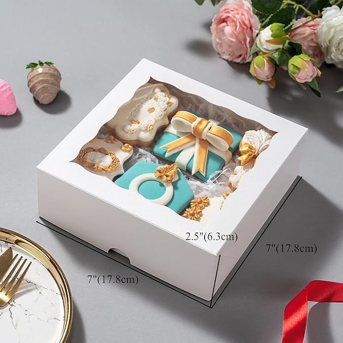 RomanticBaking 24 Pack Bakery Boxes (not include food) 7" x 7" x 2 1/2" White Chocolate Covered Strawberries Boxes Cookies Boxes