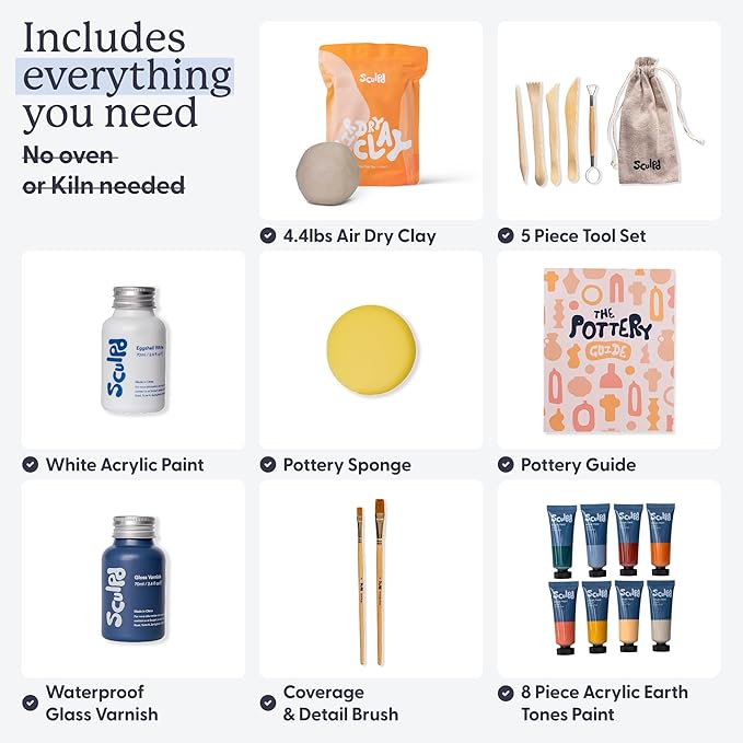 Sculpd - The Original Pottery Kit - Complete Air Dry Clay Kit for Adults Includes Sculpting Tools, Varnish, Paint Brushes, Guides, Arts & Crafts Sets, Gloss Varnish with Earth Tones