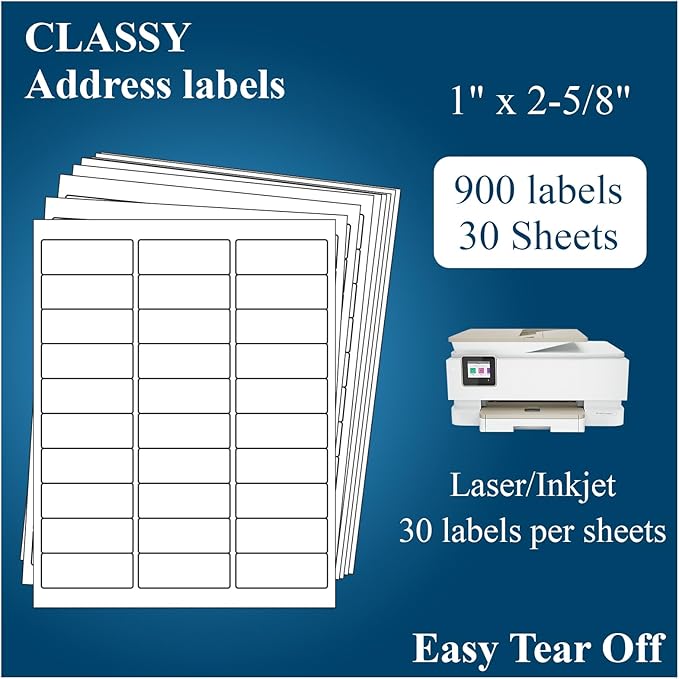 1" x 2-5/8" Address Labels, 900 Labels(30 Sheets)- for Laser/Inkjet Printer, Sticker Paper White 30 per Sheet