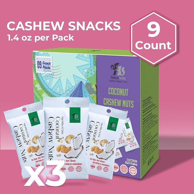 DELUXNUTS Roasted Coconut Cashews (9 Packs), Whole Cashew Nuts, Individual Packs, Healthy Snack for Kids & Adults, Good Source of Protein, Gluten-Free