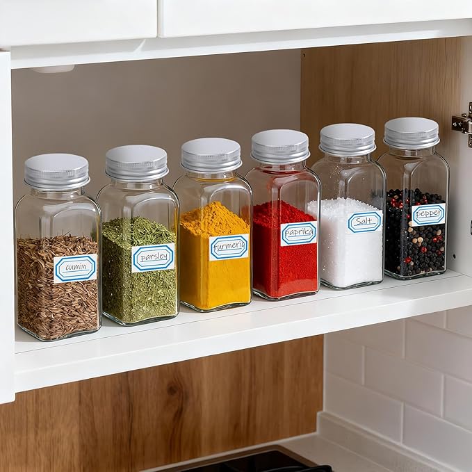 Segarty 6oz Spice Jar with Silver Aluminum Lid, 2 PCS 180ml Square Seasoning Jars with Labels, Empty Glass Storage Bottle for Salt Pepper Sugar Cereal, Large Seasoning Shakers with 7 Stickers, 1 Brush