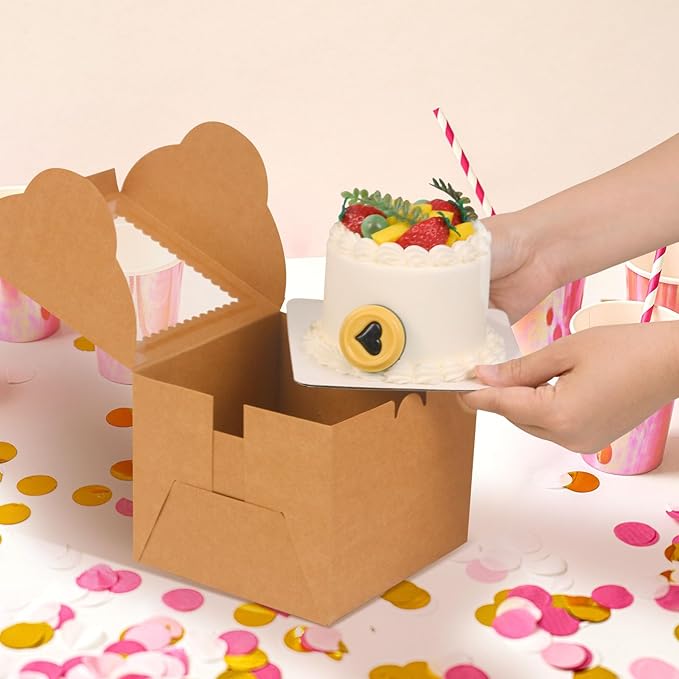 20Pcs Mini Cake Boxes with Window, 6x6x5 Inches Brown Bakery Boxes, Small 4 Cupcake Boxes, Cake Packaging for Pastries, Cookies, Chocolates, Cupcakes, Birthday Party, Wedding
