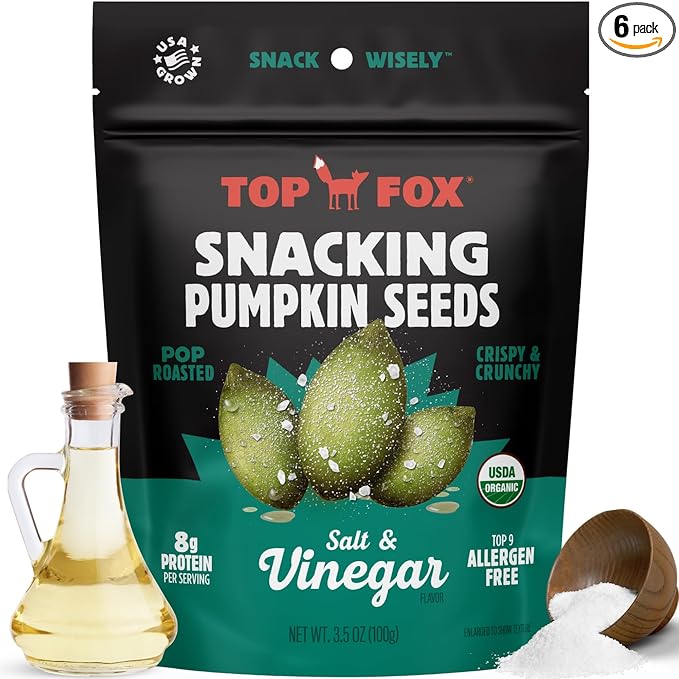 Top Fox Snacks Pumpkin Seeds to Eat (Salt & Vinegar, 3.5 oz – 2 Pack) - Gluten Free Snacks, Healthy Protein Snacks, Keto Friendly Snacks, Allergen Free Snacks, Paleo & Vegan - Organic Pop-Roasted