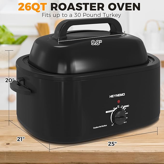 Roaster Oven 26Qt,1450W Electric Turkey Roaster Oven Buffet with Self-Basting Lid, Removable Pan and Rack, Cool-Touch Handles, Stainless Steel, Black