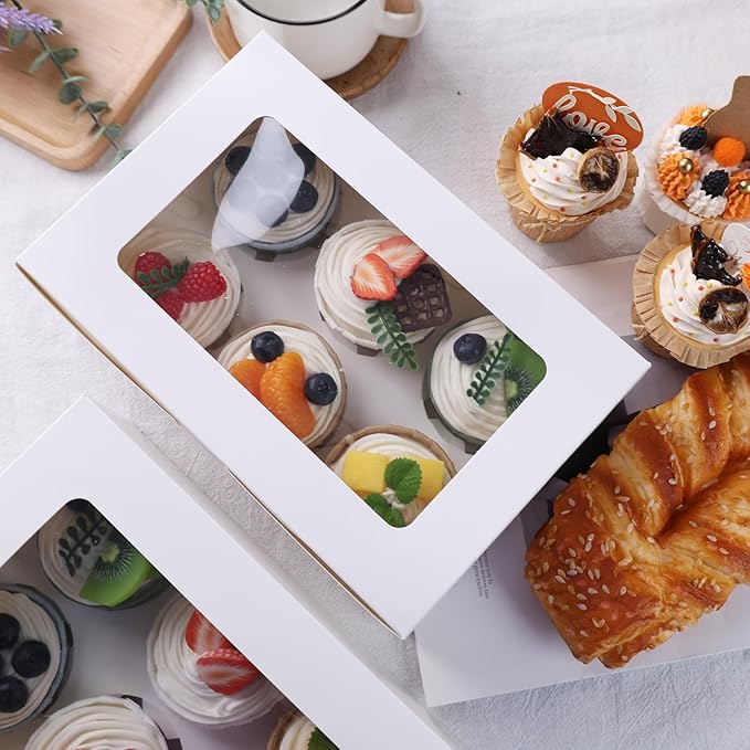 HONEYGIFTS 6 Count White Cupcake Boxes, 6 Sets Cupcake Carrier with Window Boxes Holding 36 Pastry Box for Birthday Holiday Party Bakery Supplies