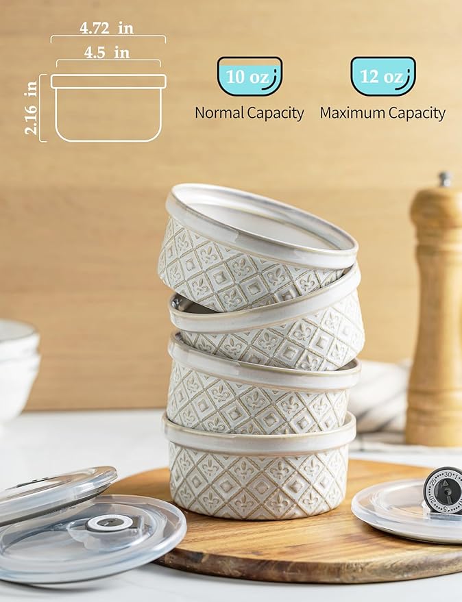 12 oz Souffle Ramekins Oven Safe with Lids, Small Creme Brulee Dishes, Ceramic Custard Cups Baking Bowls for Dessert, Dipping Sauce, Pudding, Set of 4, Beige