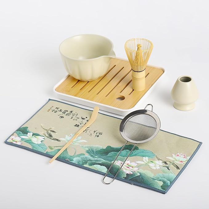 Matcha whisk Set, 8 Pcs Matcha Set with Holder/Scoop/Sifter/Leather Storage Box, 14 OZ,Perfect Matcha Kit for Tea Ceremony,Japanese Tea Making Tools (Beige)