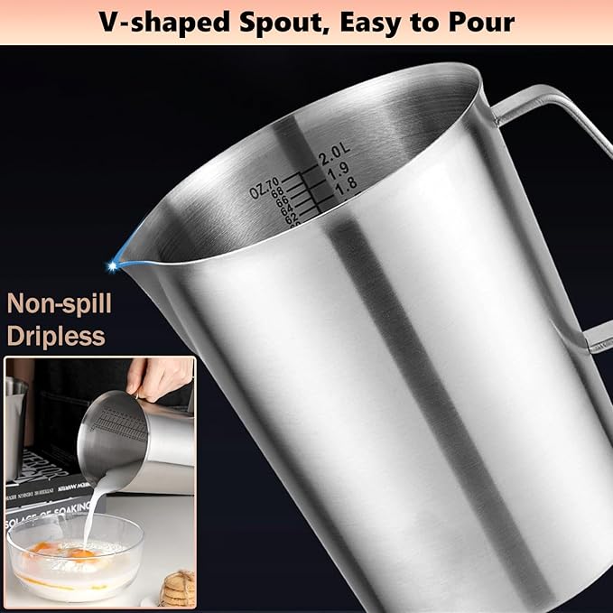 Stainless Steel Pitcher with Lid, 70 oz Large Metal Measuring Cup with Handle, 8 Cup Milk Frothing Jug 2 Liter Water Pitcher for Coffee Latte Art Cappuccino Espresso Machine Accessories