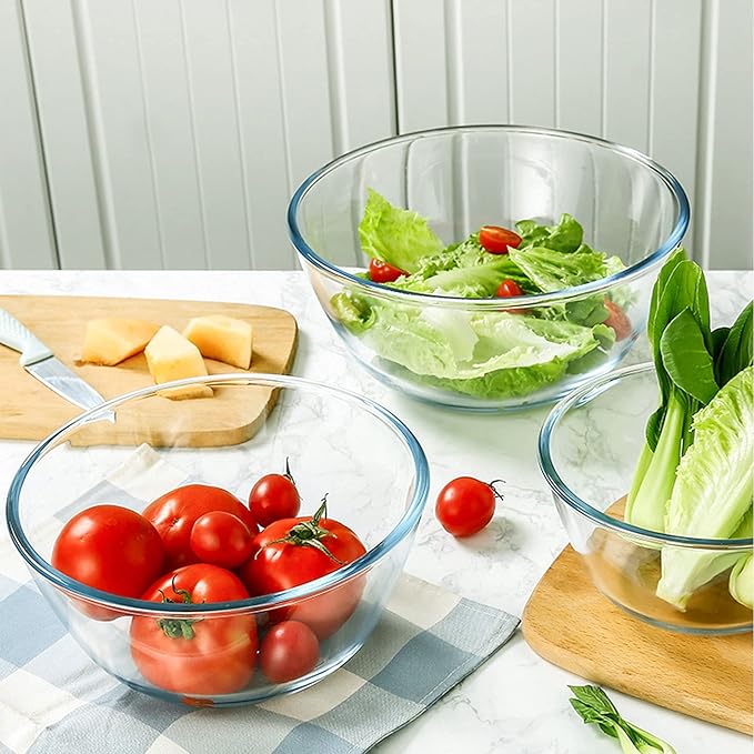 Glass Mixing Bowl Set for Baking 3-Piece Salad Bowl Set (1qt, 2.5qt, 4.2qt), High Brosilicate Large Bowls for Kitchen Prepping Serving and Storage, Microwave Dishwasher Oven Safe
