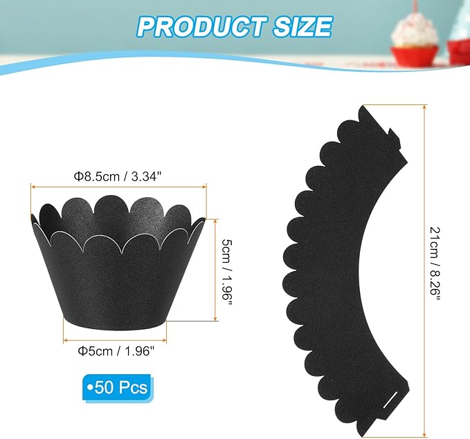 PATIKIL Cupcake Wrappers Paper, 50 Pack Baking Cups Standard Wave Decoration for Anniversary Birthday Weddings and Parties, Black