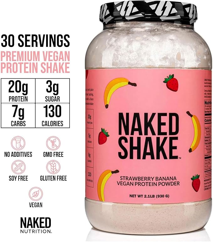 NAKED Shake - Vegan Protein Powder, Strawberry Banana - Flavored Plant Based Protein with Mct Oil, Gluten-Free, Soy-Free, No Gmos Or Artificial Sweeteners - 30 Servings