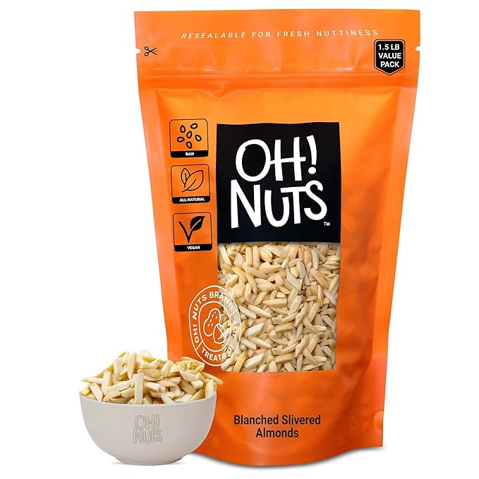 Oh! Nuts Almonds Blanched Slivered - Raw - 100% Natural - 1.5 lb - White Almond Sticks - Packed in New York Zip-Seal Bag for Exceptional Freshness