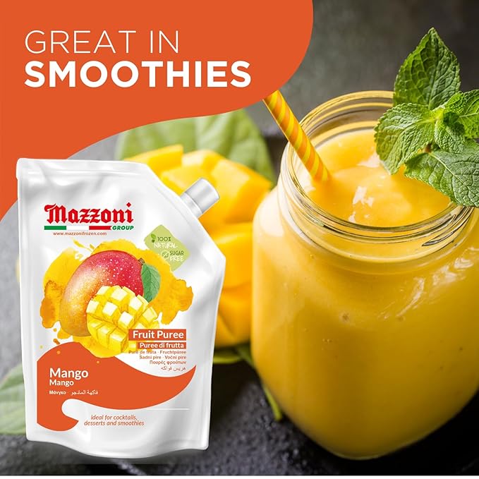 Mazzoni Mango Puree, Juice, 100% Pure Mango Lassi, Just Fruit, Nectar, No Sugar Added, 2.2 lbs (35.2 oz) Real Fruit Mixer for Cocktails, Drinks, Smoothies Convenient Pouch, Made in Italy