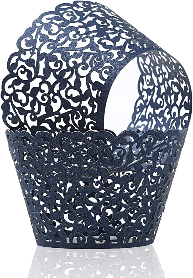 KPOSIYA Pack of 120 Cupcake Wrappers Artistic Bake Cake Paper Cups Vine Designed Laser Cut Cupcake Wraps Baking Cup Muffin Case Trays for Wedding Baby Shower Party Birthday Decoration (120, Navy blue)