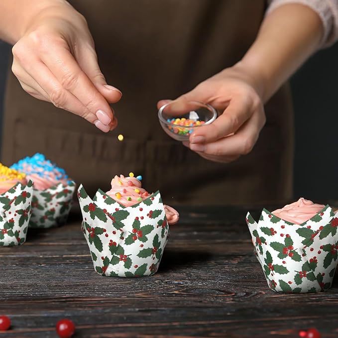 Uiifan 200 Pcs Holly Christmas Tulip Cupcake Liners Christmas Cupcake Wrappers Holly Muffin Liners Holders Tulip Wrappers for Party Decoration