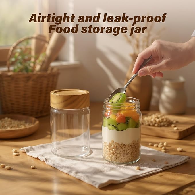 2pc Glass Mason Jars with Acacia Wood Airtight Lids - Overnight Oats & Food Storage Container Set, Clear Stackable Leakproof Kitchen Canisters for Meal Prep/Snack Organization/Spice Storage