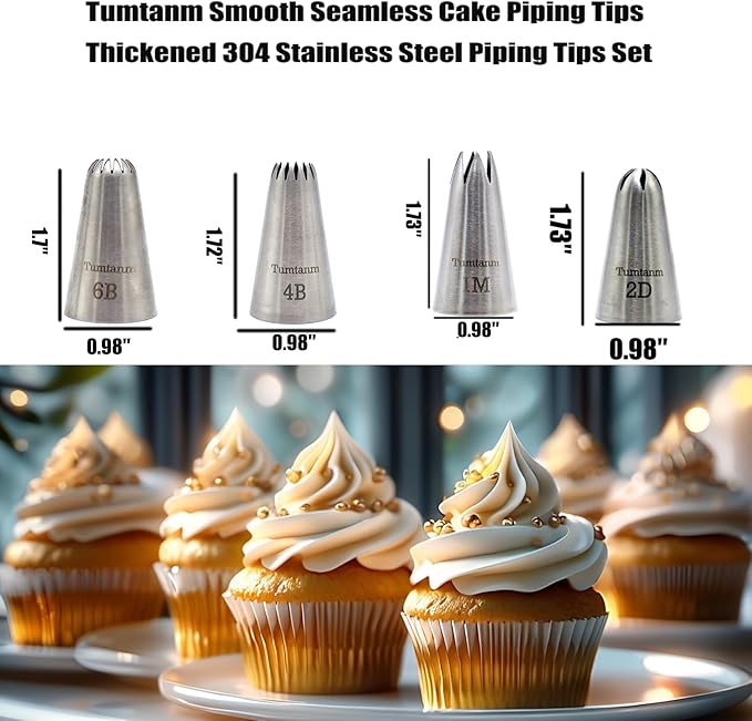 #1M #2D #4B #6B Large Piping Nozzles, 4 pcs Stainless Steel Seamless Icing Piping Tips Set for Cupcakes and Baking