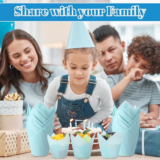 600 Pcs Tulip Cupcake Liners for Baking Muffin Liners Printed Baking Cups Holders Greaseproof Wrappers Decoration for Cupcake Bouquet Birthday Party Wedding Bride Shower (Light Blue)