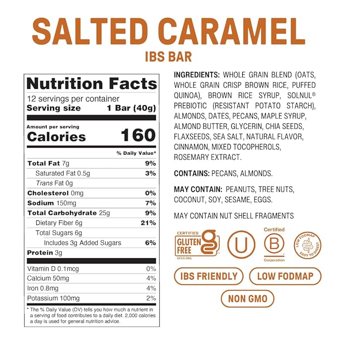 Fody Foods IBS Snack Bars, Salted Caramel, 1.41 Oz (Pack of 12), 6g Prebiotic Fiber, Low FODMAP, Gut & IBS Friendly, Lactose Free, Non-GMO, Gluten Free