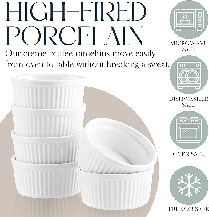 Bellemain Creme Brulee 4 oz Ramekins | Mini Casserole Dish Set, Charcuterie Bowls, Pot Pie Baking Dishes, Soy Sauce Bowls | Fluted Porcelain Bowls, Ramekins Oven Safe to 500F, Set of 6 (White)