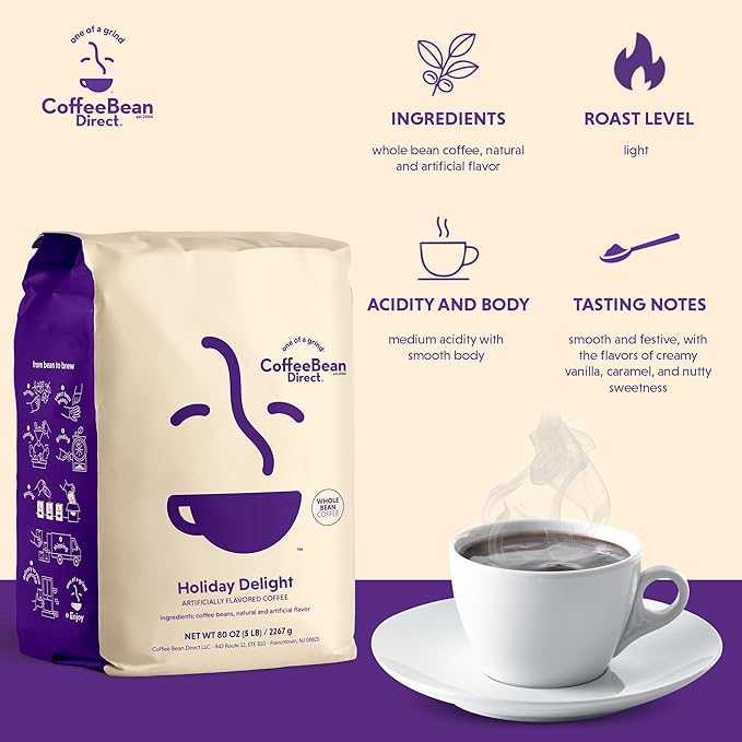 Coffee Bean Direct Holiday Delight Flavored, Whole Bean Coffee, 5 Pound Bag (Pack of 1)