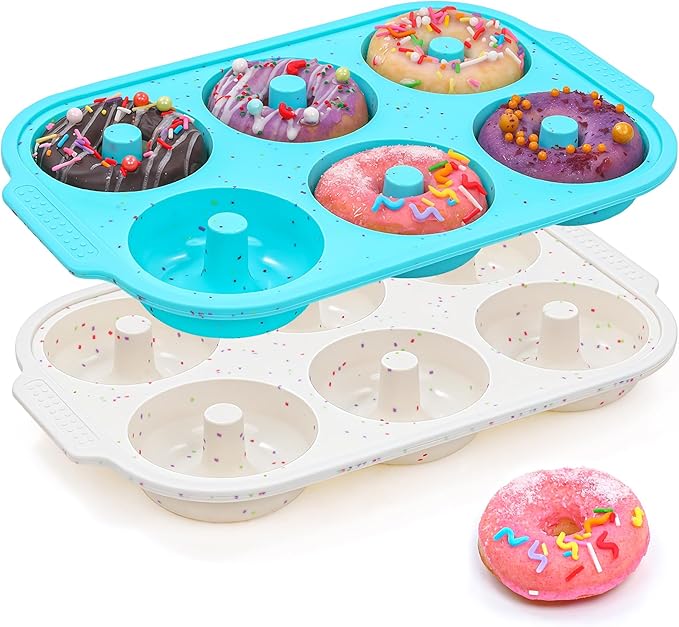 Silicone Donut Pan for Baking with Metal Reinforced Frame, Nonstick 3.25 inch Doughnut Baking Pans, 6 Cavity Donut Trays, Make Perfect Bagels and Cake Donuts (Aque+Cream)