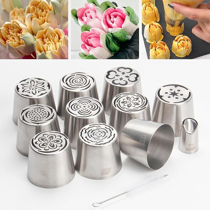 Extra Large Russian Piping Tip Set - 10 Stainless Steel Marshmallow Buttercream Framing Nozzles for Roses Tulip Cake Decorations and Bouquets, Includes 1 Leaf Nozzles and 1 Cleaning Brush(10B)
