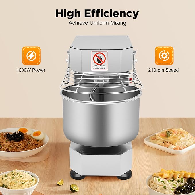 Commercial Food Mixer, 10.5Qt Capacity, 1Kw Dual Rotating Dough Kneading Machine with Stainless Steel Bowl, Security Shield Included, Baking Equipment for Restaurant Pizzeria